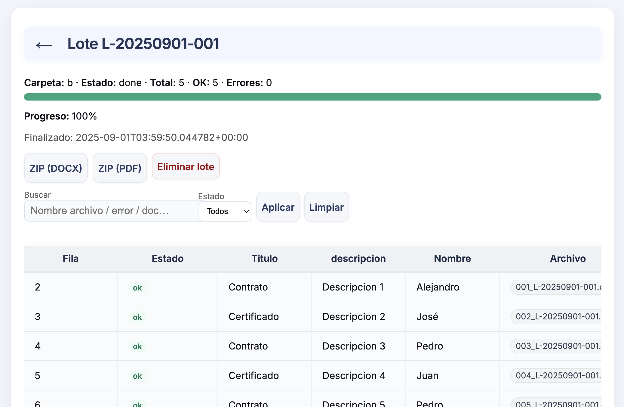 Panel de Autodocx generando documentos